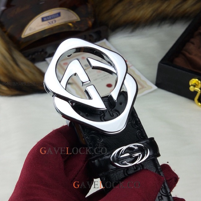 Gucci Black Leather Belt Two Tone with Double G Buckle